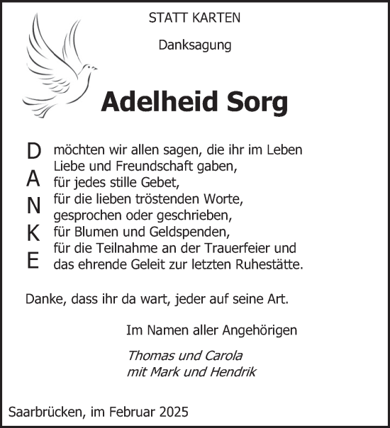 Traueranzeige von Adelheid Sorg von saarbruecker_zeitung