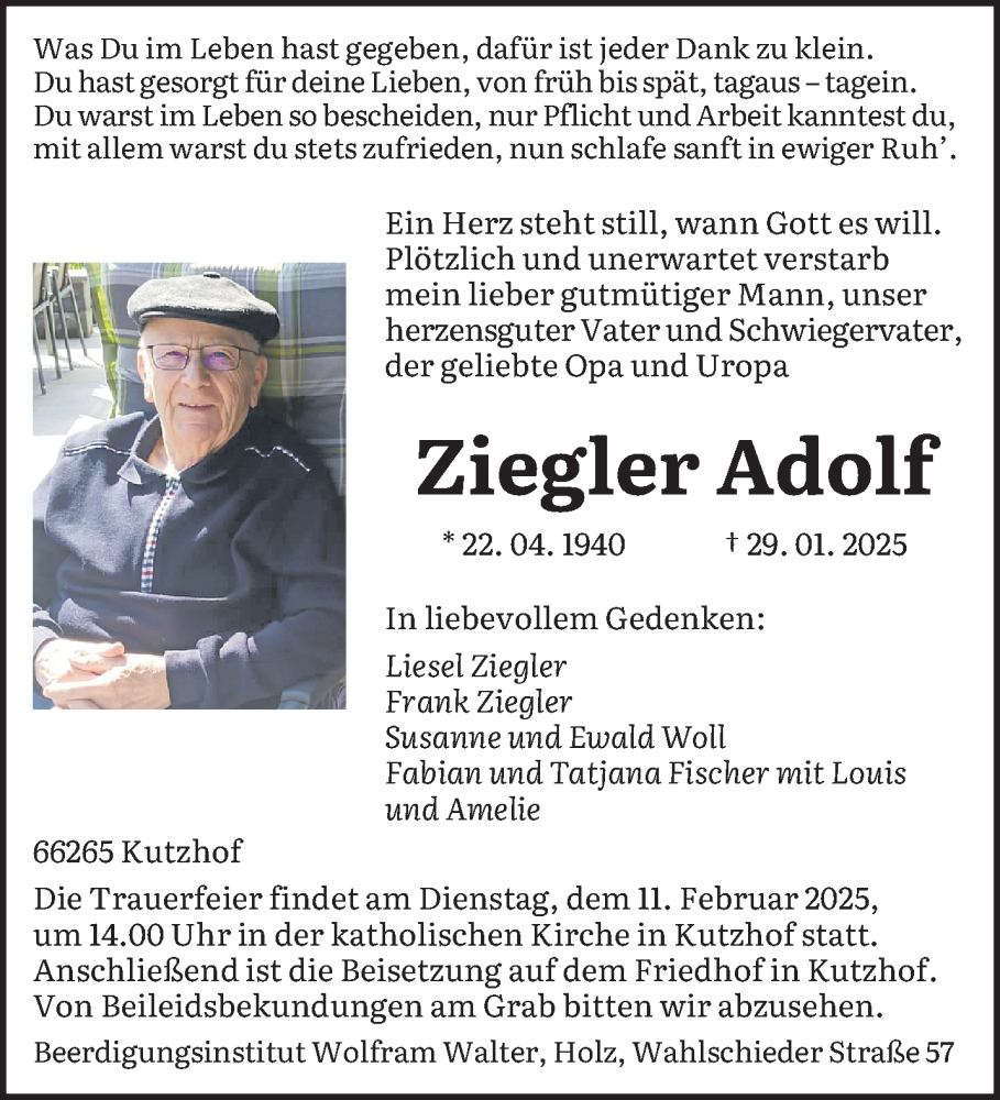  Traueranzeige für Adolf Ziegler vom 08.02.2025 aus saarbruecker_zeitung