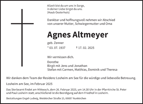 Traueranzeige von Agnes Altmeyer von saarbruecker_zeitung