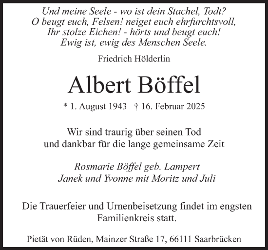 Traueranzeige von Albert Böffel von saarbruecker_zeitung