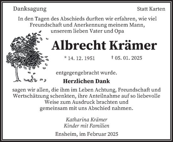 Traueranzeige von Albrecht Krämer von saarbruecker_zeitung