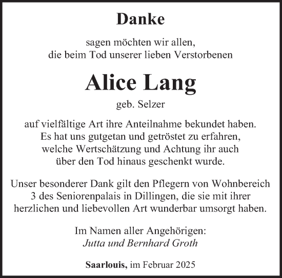 Traueranzeige von Alice Lang von saarbruecker_zeitung