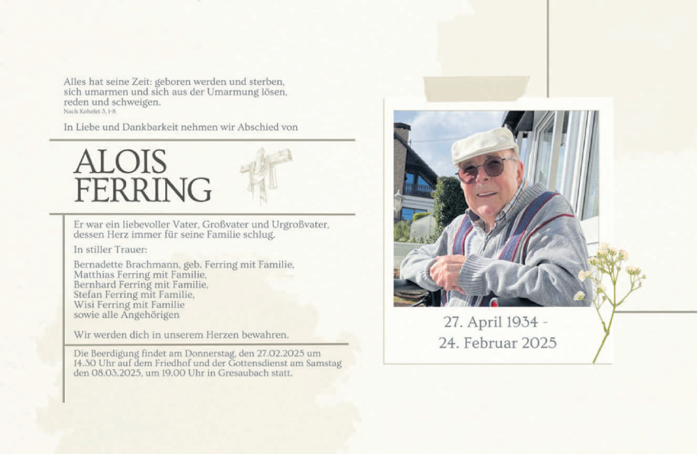  Traueranzeige für Alois Ferring vom 26.02.2025 aus saarbruecker_zeitung