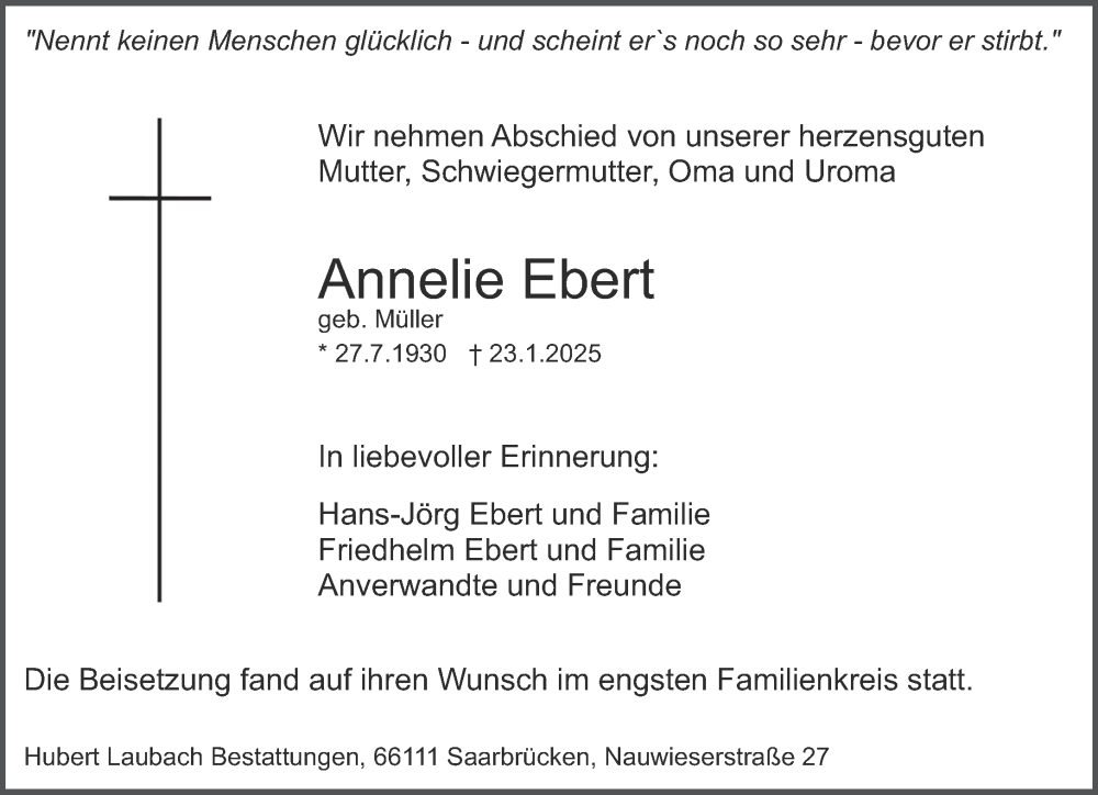  Traueranzeige für Annelie Ebert vom 15.02.2025 aus saarbruecker_zeitung
