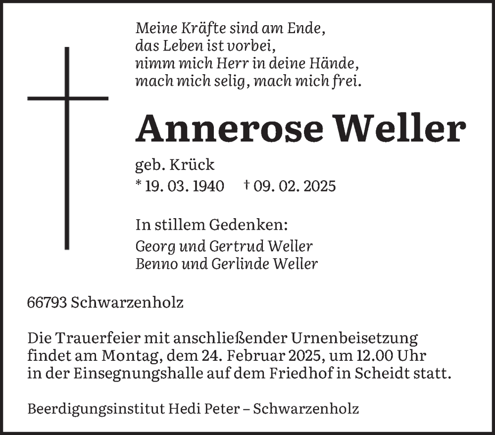  Traueranzeige für Annerose Weller vom 22.02.2025 aus saarbruecker_zeitung