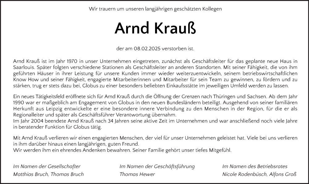  Traueranzeige für Arnd Krauß vom 22.02.2025 aus saarbruecker_zeitung