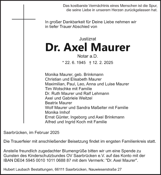 Traueranzeige von Axel Maurer von saarbruecker_zeitung