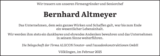 Traueranzeige von Bernhard Altmeyer von saarbruecker_zeitung