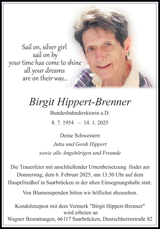 Traueranzeige von Birgit Hippert-Brenner von saarbruecker_zeitung