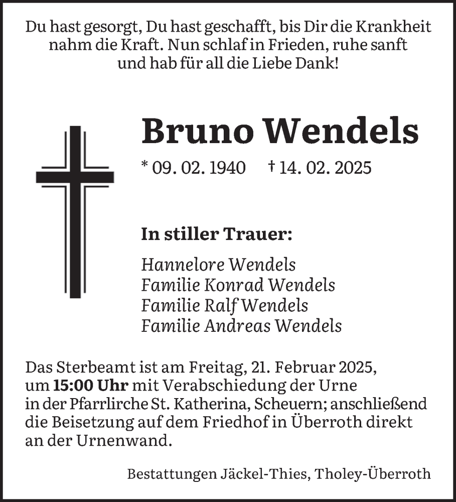  Traueranzeige für Bruno Wendels vom 19.02.2025 aus saarbruecker_zeitung