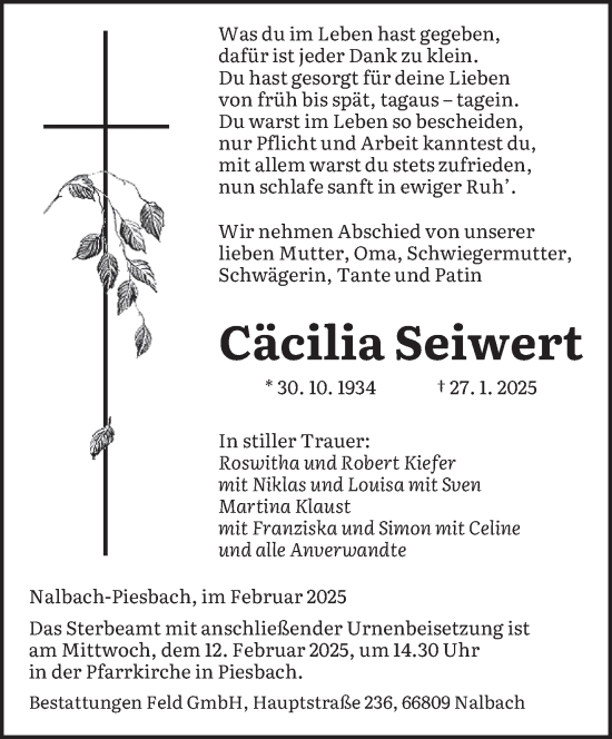 Traueranzeige von Cäcilia Seiwert von saarbruecker_zeitung