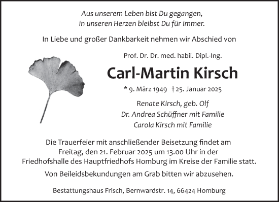 Traueranzeige von Carl-Martin Kirsch von saarbruecker_zeitung