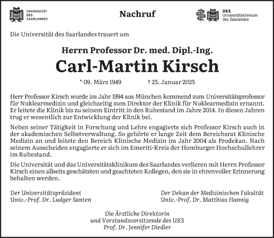 Traueranzeige von Carl-Martin Kirsch von saarbruecker_zeitung