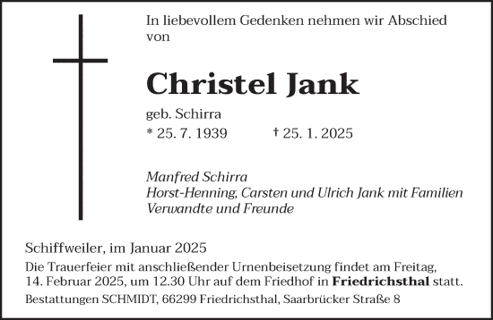 Traueranzeige von Christel Jank von saarbruecker_zeitung