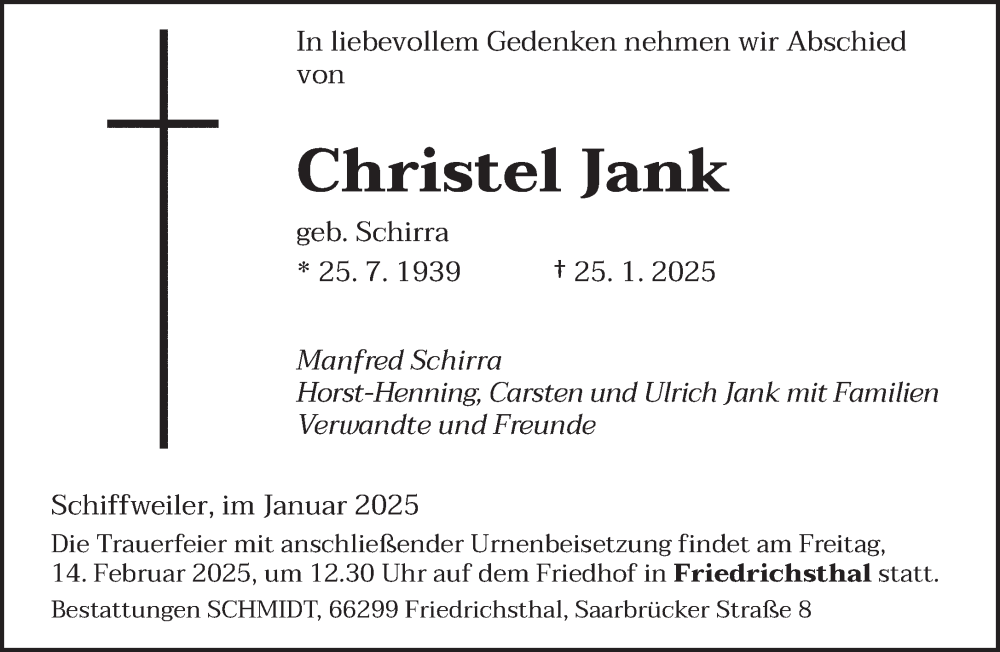  Traueranzeige für Christel Jank vom 08.02.2025 aus saarbruecker_zeitung
