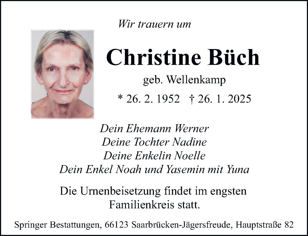  Traueranzeige für Christine Büch vom 01.02.2025 aus saarbruecker_zeitung