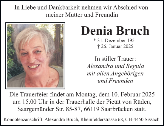 Traueranzeige von Denia Bruch von saarbruecker_zeitung