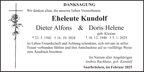 Traueranzeige von Dieter Alfons und Doris Helene Kundolf von saarbruecker_zeitung