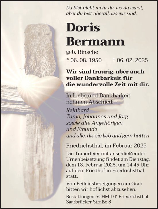 Traueranzeige von Doris Bermann von saarbruecker_zeitung