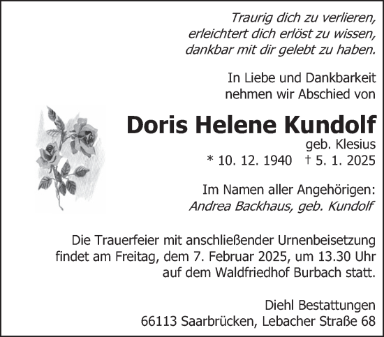 Traueranzeige von Doris Helene Kundolf von saarbruecker_zeitung