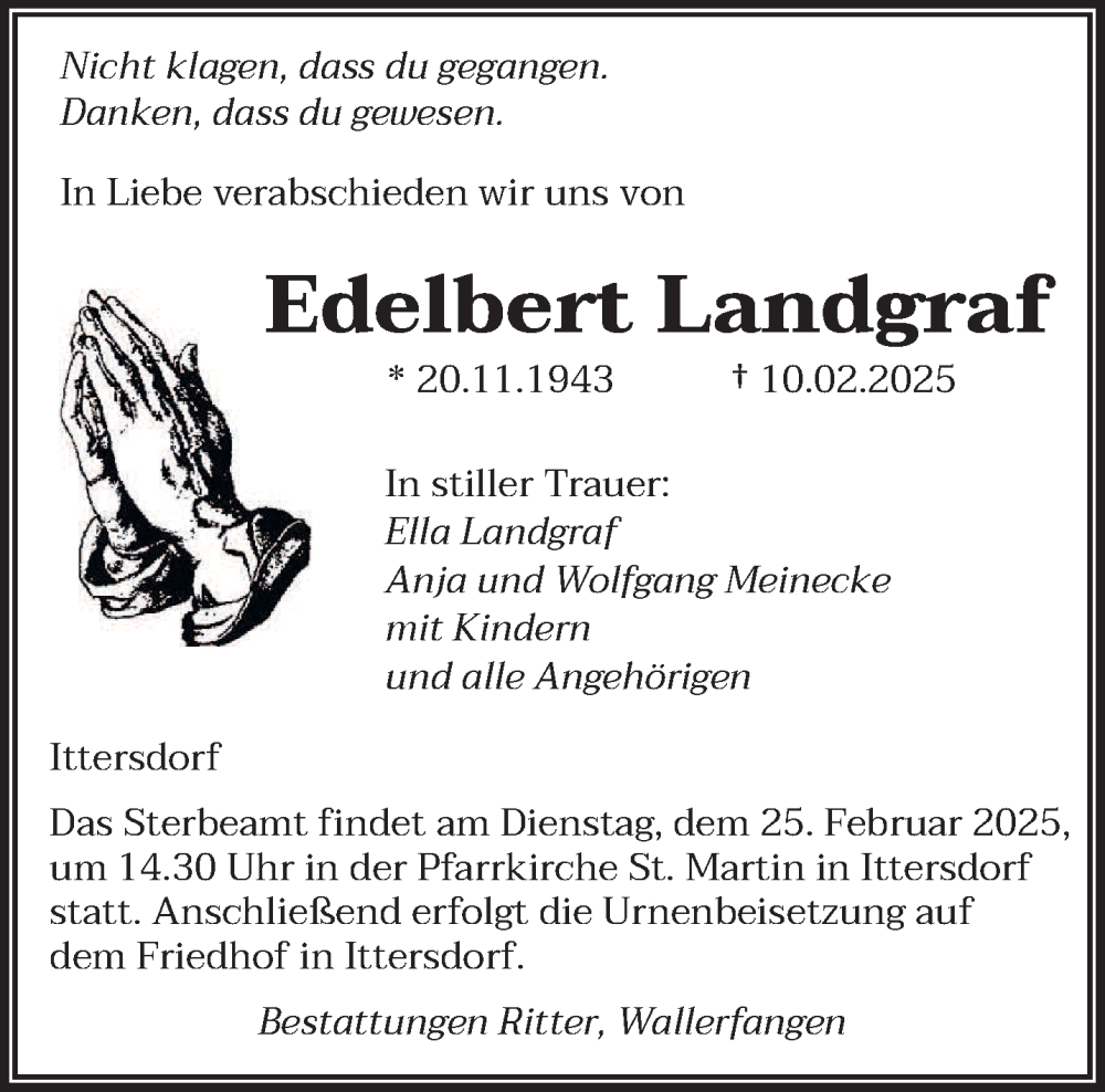  Traueranzeige für Edelbert Landgraf vom 15.02.2025 aus saarbruecker_zeitung