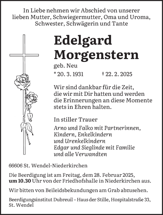 Traueranzeige von Edelgard Morgenstern von saarbruecker_zeitung
