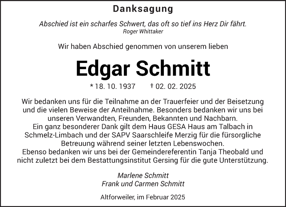  Traueranzeige für Edgar Schmitt vom 22.02.2025 aus saarbruecker_zeitung