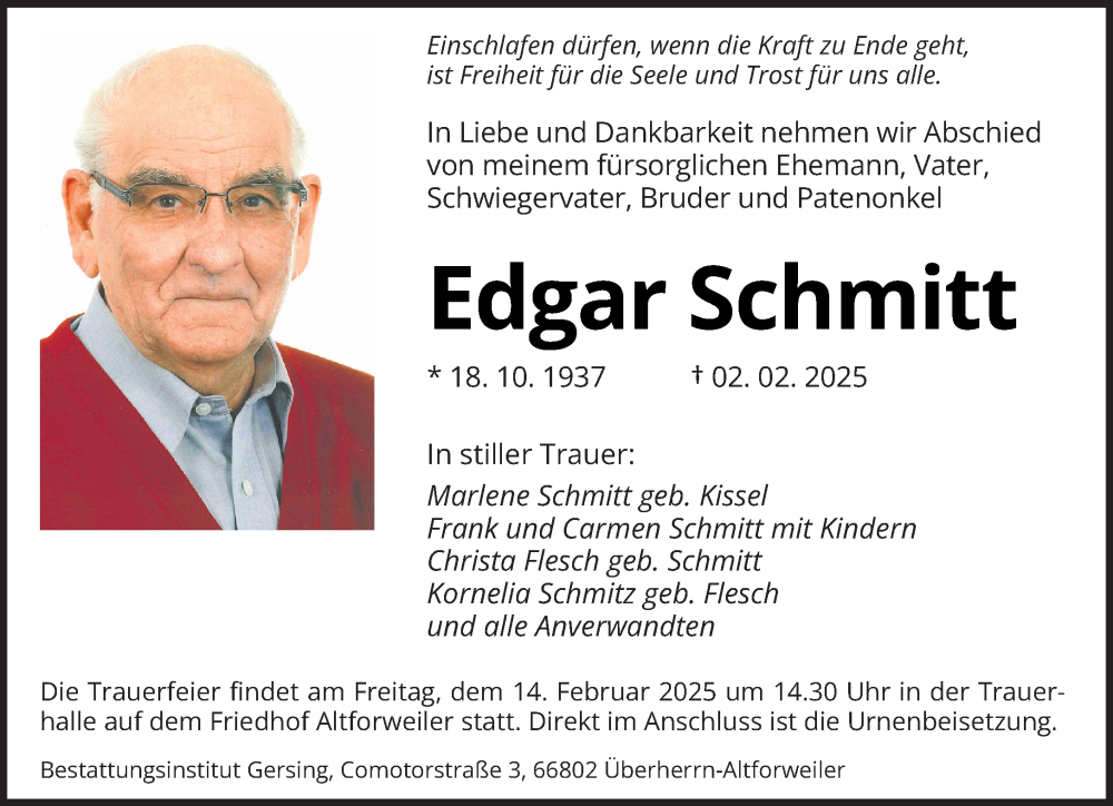  Traueranzeige für Edgar Schmitt vom 08.02.2025 aus saarbruecker_zeitung