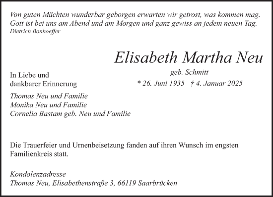 Traueranzeige von Elisabeth Martha Neu von saarbruecker_zeitung