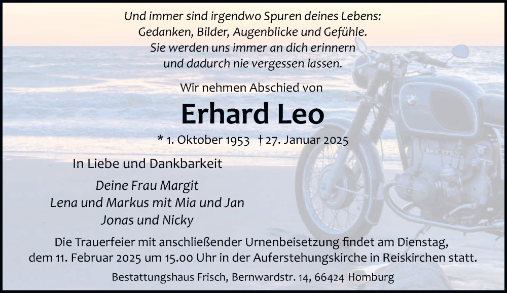  Traueranzeige für Erhard Leo vom 06.02.2025 aus saarbruecker_zeitung