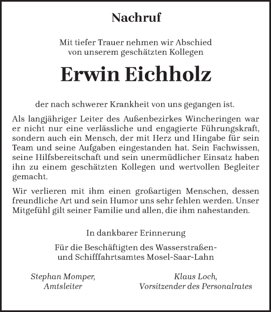 Traueranzeige von Erwin Eichholz von saarbruecker_zeitung