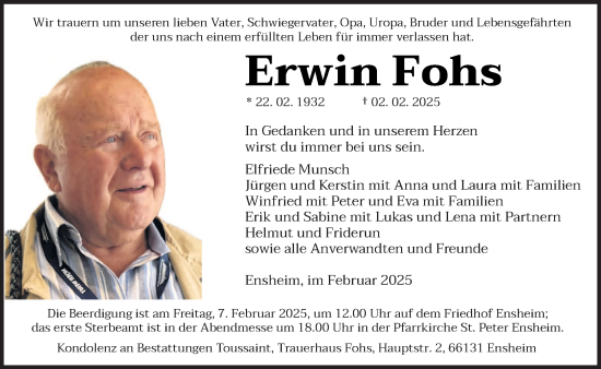 Traueranzeige von Erwin Fohs von saarbruecker_zeitung
