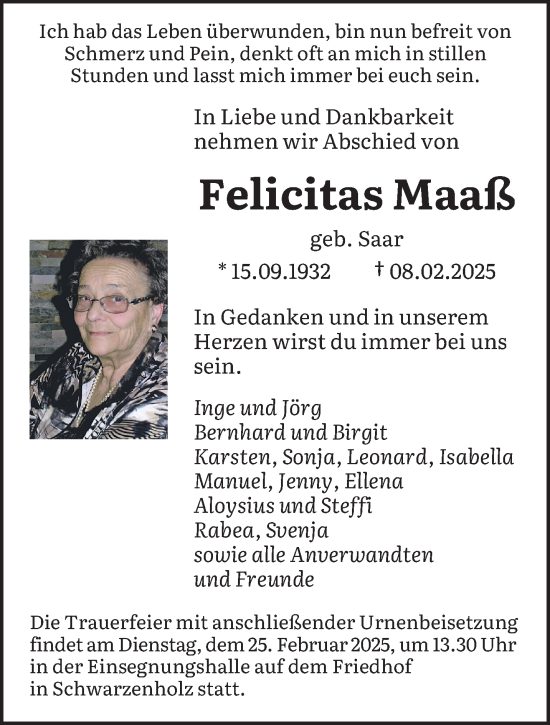 Traueranzeige von Felicitas Maaß von saarbruecker_zeitung