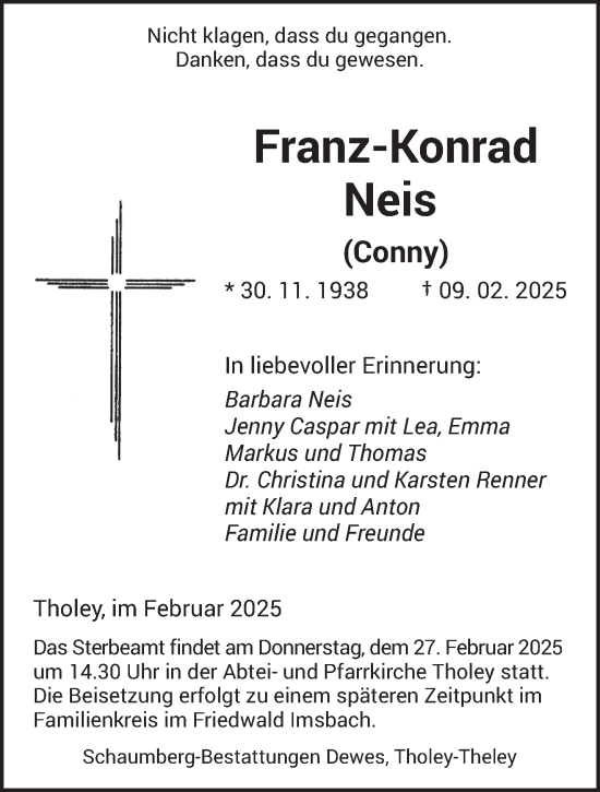 Traueranzeige von Franz-Konrad Neis von saarbruecker_zeitung