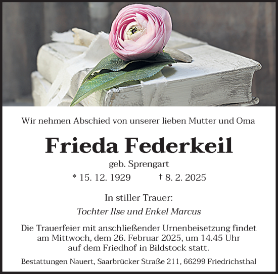 Traueranzeige von Frieda Federkeil von saarbruecker_zeitung
