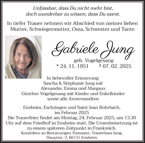 Traueranzeige von Gabriele Jung von saarbruecker_zeitung