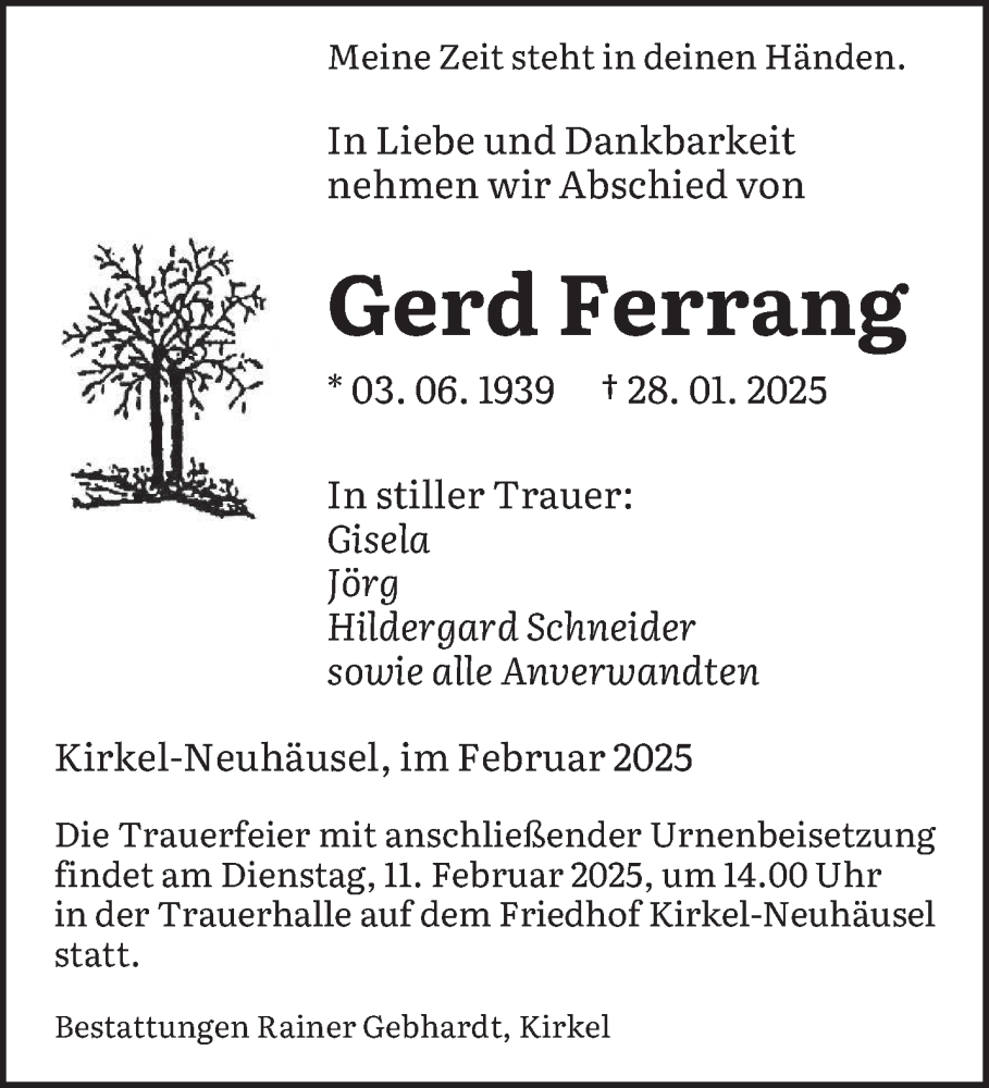  Traueranzeige für Gerd Ferrang vom 01.02.2025 aus saarbruecker_zeitung