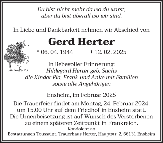 Traueranzeige von Gerd Herter von saarbruecker_zeitung