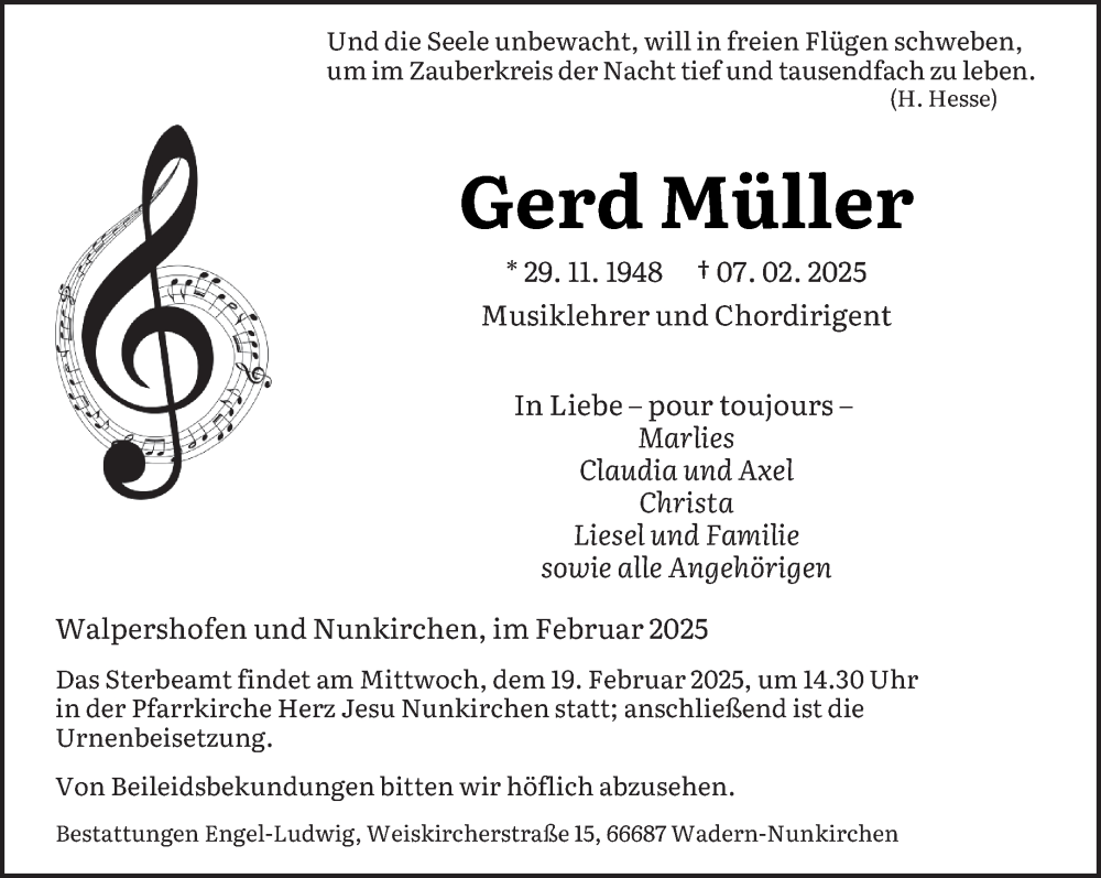  Traueranzeige für Gerd Müller vom 15.02.2025 aus saarbruecker_zeitung