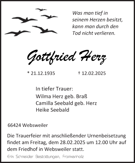 Traueranzeige von Gottfried Herz von saarbruecker_zeitung