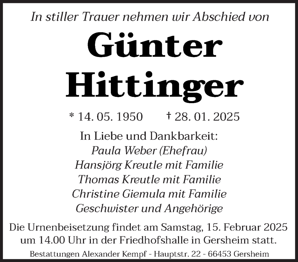  Traueranzeige für Günter Hittinger vom 12.02.2025 aus saarbruecker_zeitung
