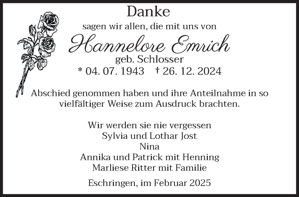  Traueranzeige für Hannelore Emrich vom 15.02.2025 aus saarbruecker_zeitung