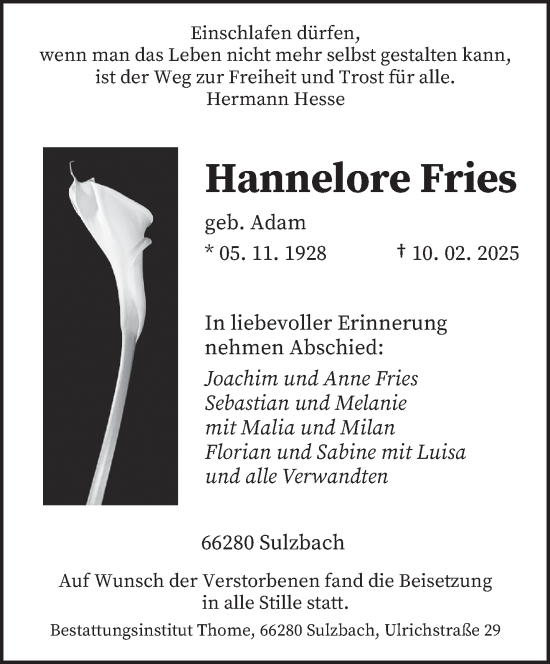 Traueranzeige von Hannelore Fries von saarbruecker_zeitung