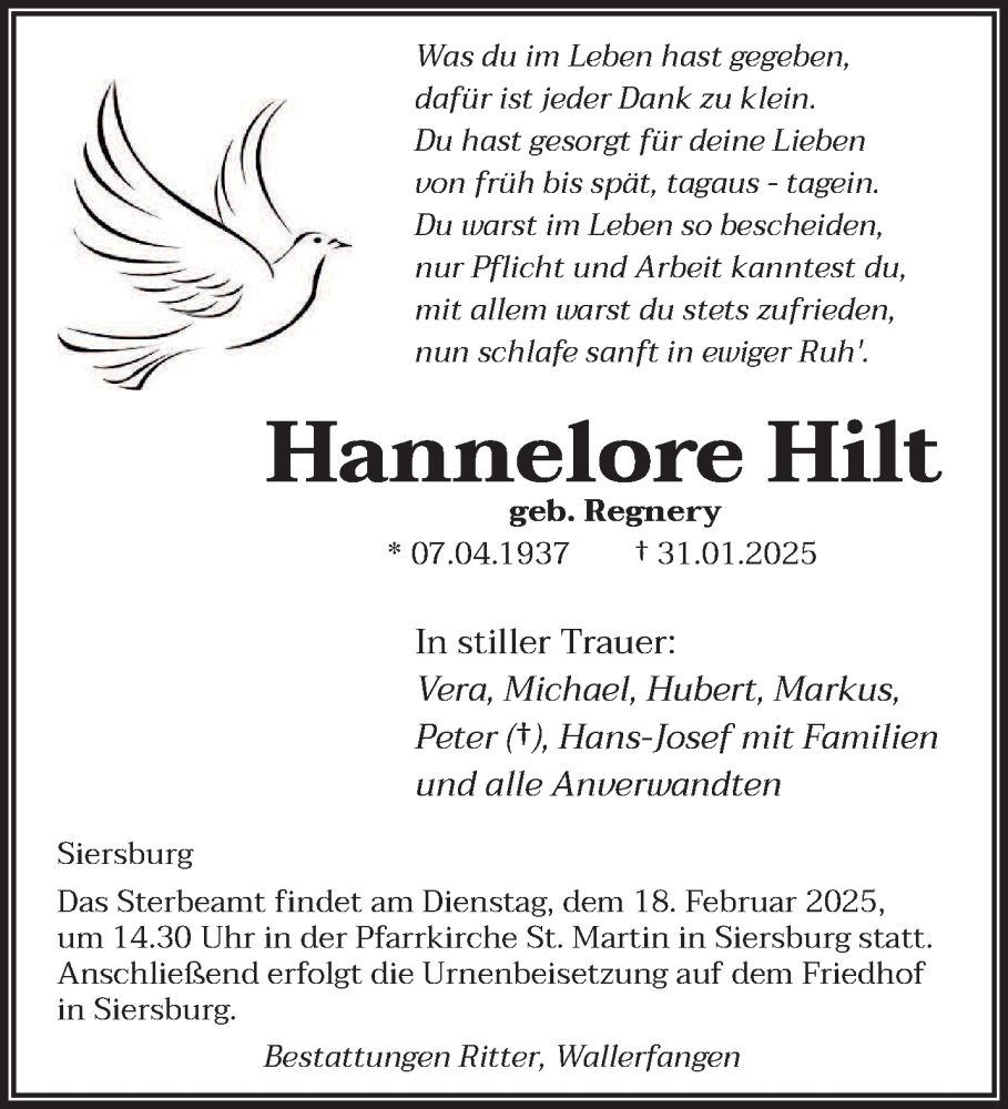  Traueranzeige für Hannelore Hilt vom 08.02.2025 aus saarbruecker_zeitung
