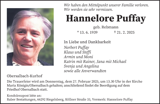 Traueranzeige von Hannelore Puffay von saarbruecker_zeitung