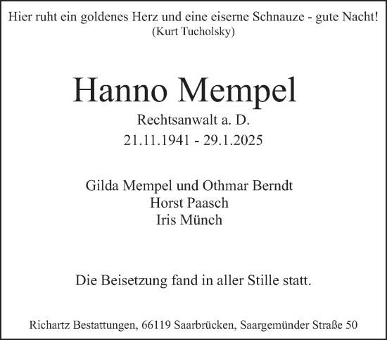 Traueranzeige von Hanno Mempel von saarbruecker_zeitung