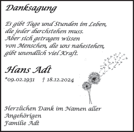 Traueranzeige von Hans Adt von saarbruecker_zeitung