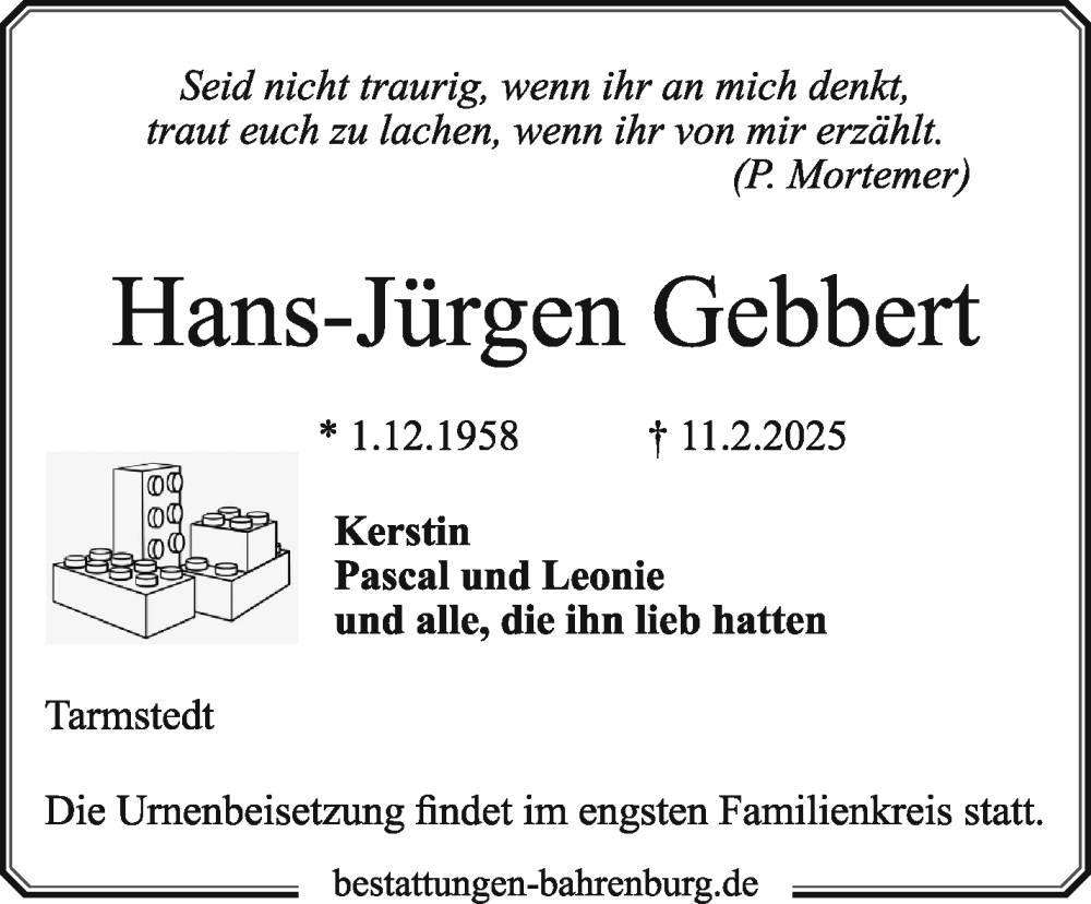  Traueranzeige für Hans-Jürgen Gebbert vom 21.02.2025 aus BTAG