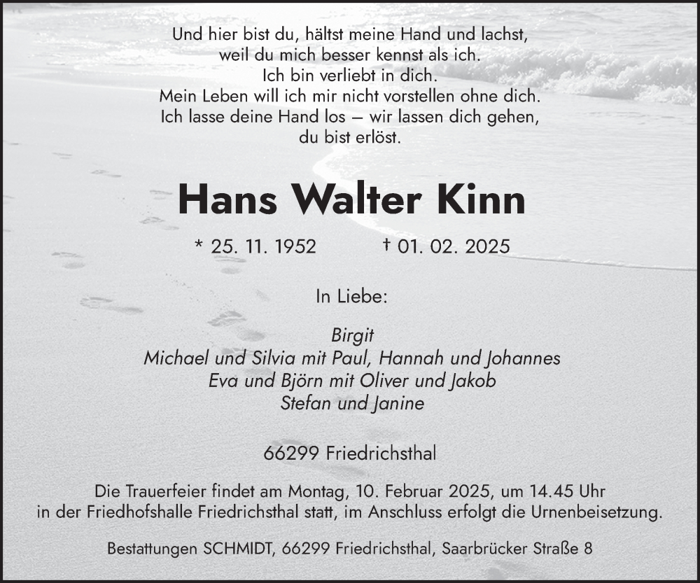  Traueranzeige für Hans Walter Kinn vom 08.02.2025 aus saarbruecker_zeitung