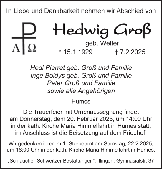 Traueranzeige von Hedwig Groß von saarbruecker_zeitung